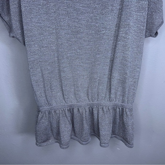 LARGE EXPRESS BEIGE GLITTER KNIT TOP SHORT SLEEVE PEPLUM STRETCH NEUTRAL - Picture 8 of 10